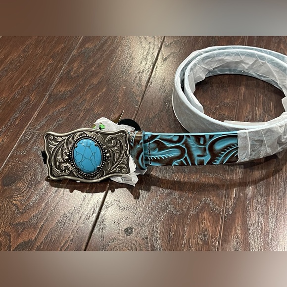 Patricia Nash Roseanna Stone Buckle Tooled Leather Belt-Turquoise-M 36\
